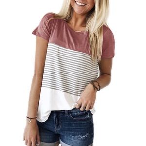Triple color block stripe T-shirt casual blouse